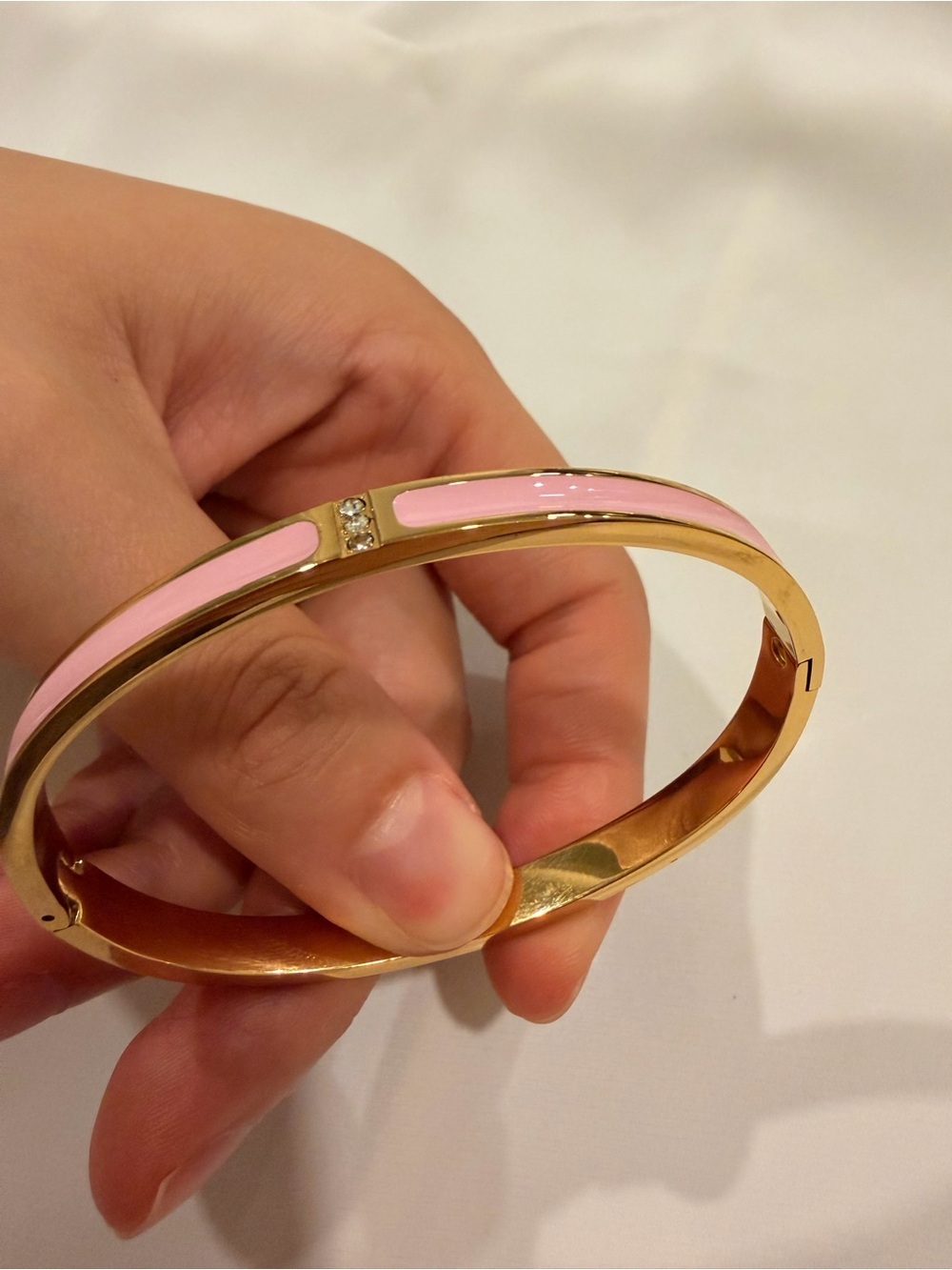 Gold Pink Enamel Hinged Bangle Bracelet - Picture 6 of 9